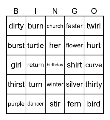 er, ur and ir Bingo Card