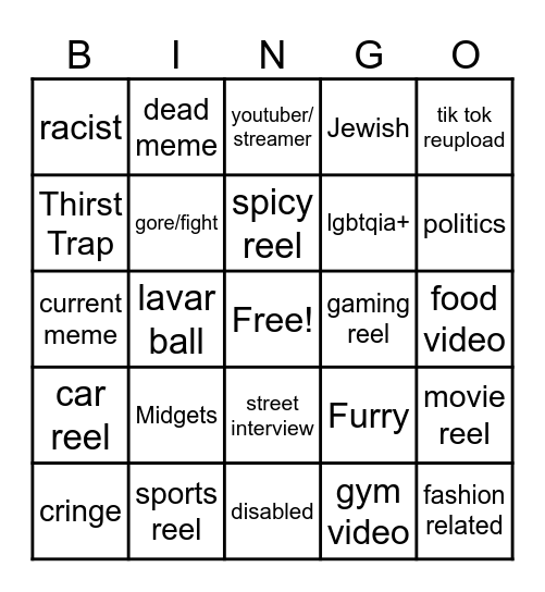Instagram reel bingo Card