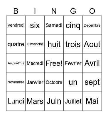 Months and Days Bingo Card