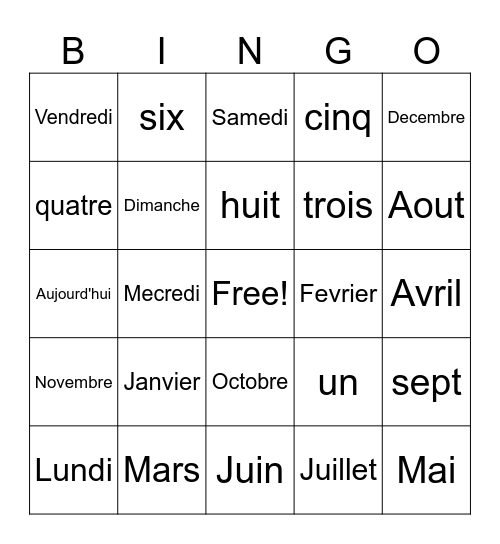 Months and Days Bingo Card
