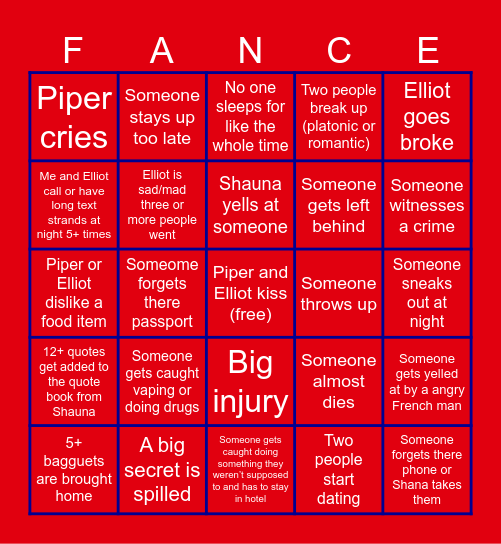 France Trip Bingo! Bingo Card