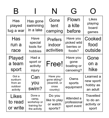 Hobbies & Outdoor Activities Bingo Card