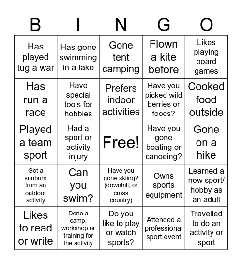 Hobbies & Outdoor Activities Bingo Card