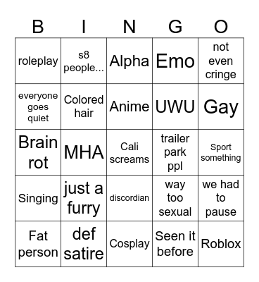 Cringe Bingo Card