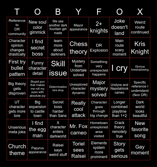 Deltarune Chapters 3/4 Bingo Card