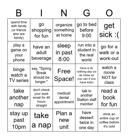 Teacher Spring Break Bingo Card
