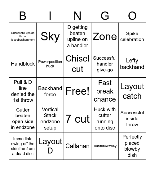 Ultimate frisbee film Bingo Card