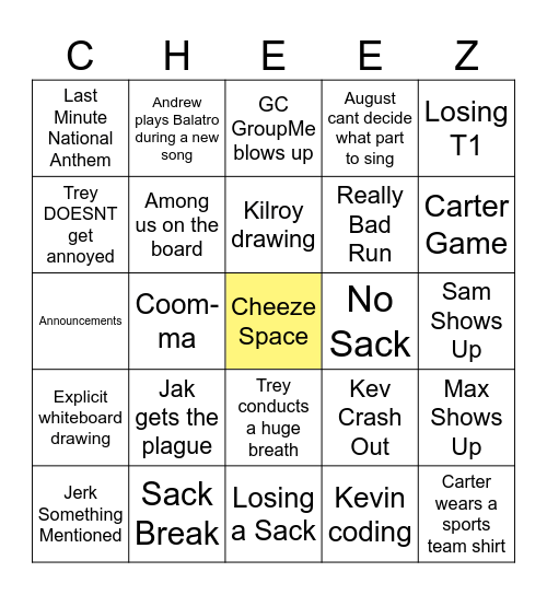 Cheezies Bingo Card