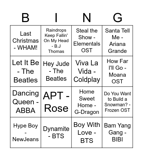 music bingo Card
