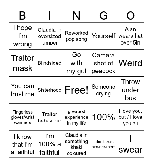 Traitors U.K. Season 3 final Bingo Card