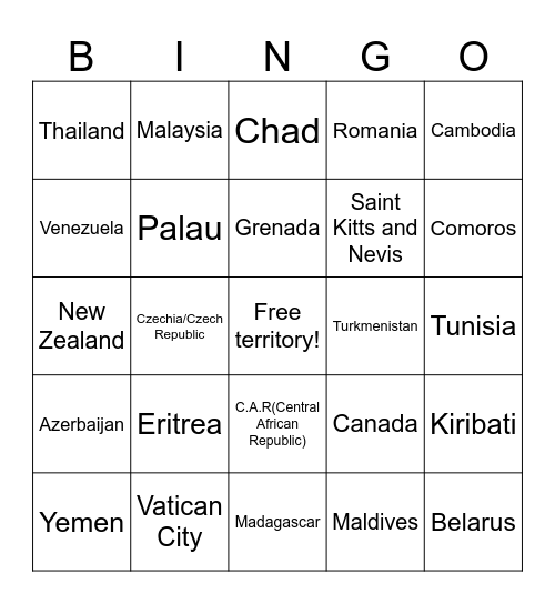 Nations Bingo Card