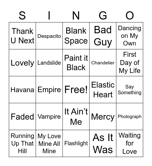 SINGO Bingo Card