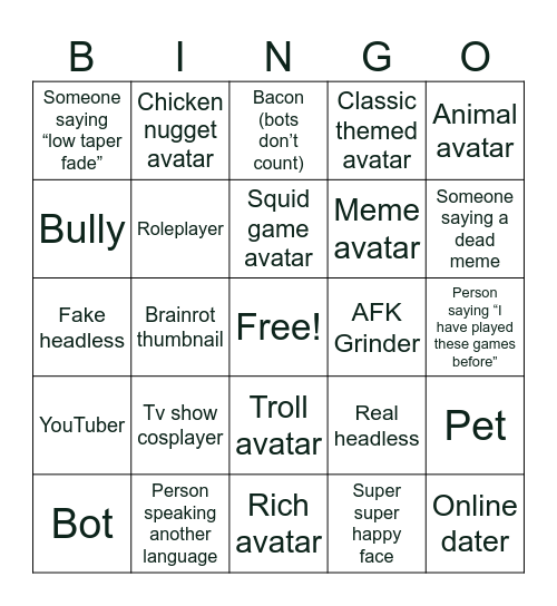 Roblox bingo Card
