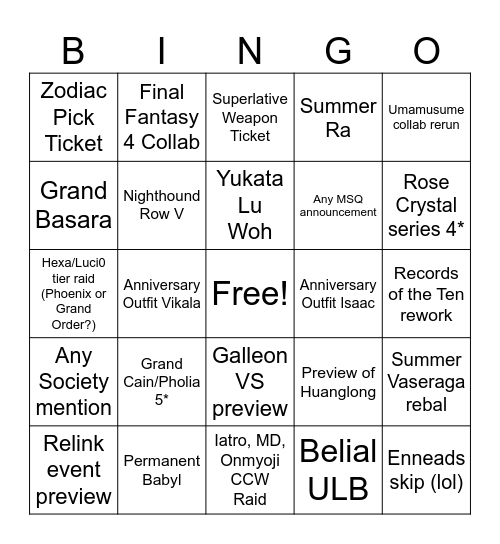 11th anniversary stream Bingo Card