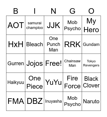 Anime Bingo Card