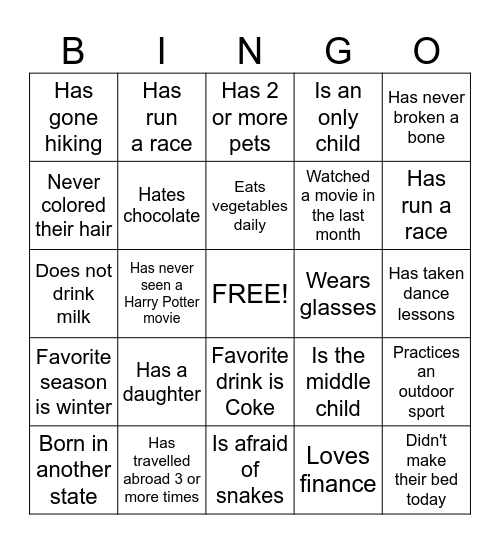 Get to Know You Bingo Card