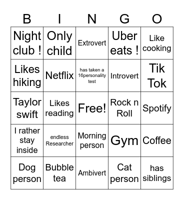 PERSONALITY Bingo Card