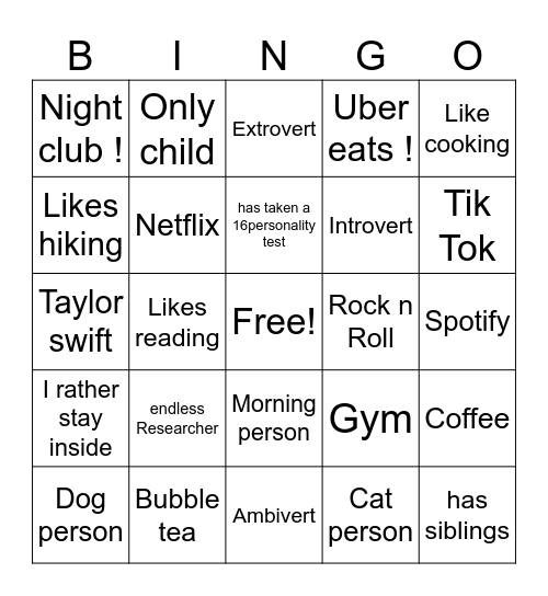 PERSONALITY Bingo Card