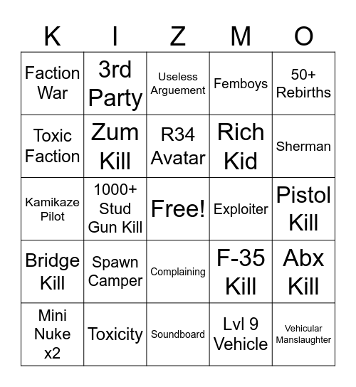 War Tycoon Bingo Card