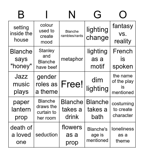 Streetcar Scene Six Bingo Card