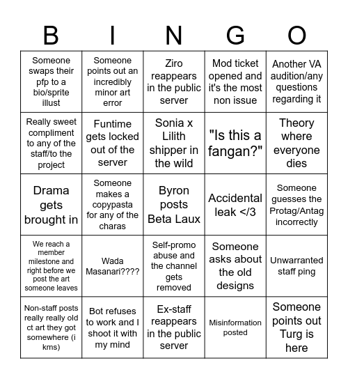 CT Server Bingo Card