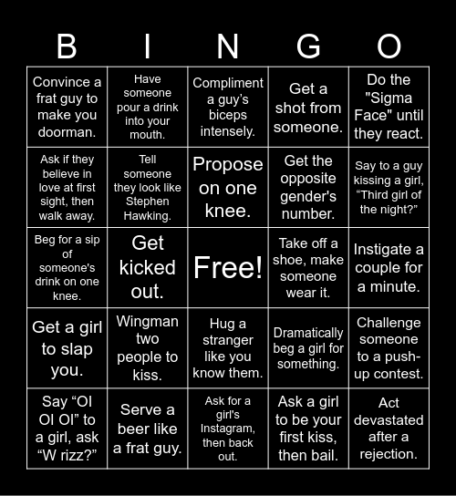 Dare Tasks Bingo Card