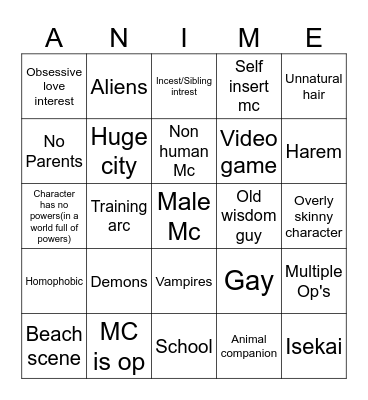 Anime bingo Card