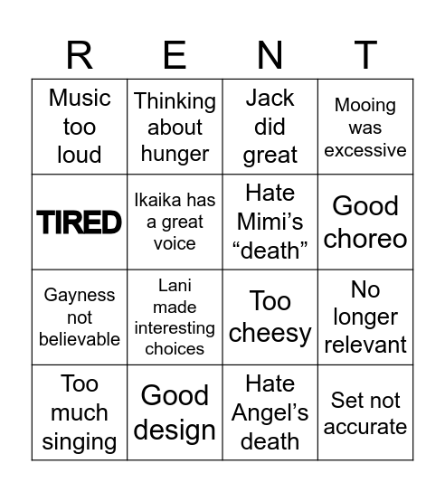 What Will Robert say about RENT Bingo Card