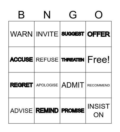 REPORTING VERBS BINGO Card