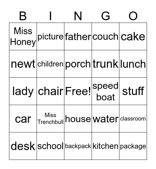 Noun Bingo Matilda Bingo Card