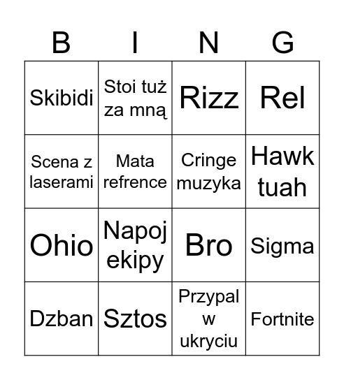 Fortnite rizzler Bingo Card