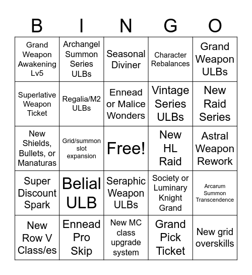 GBF Anniversary 2025 Stream Bingo Card