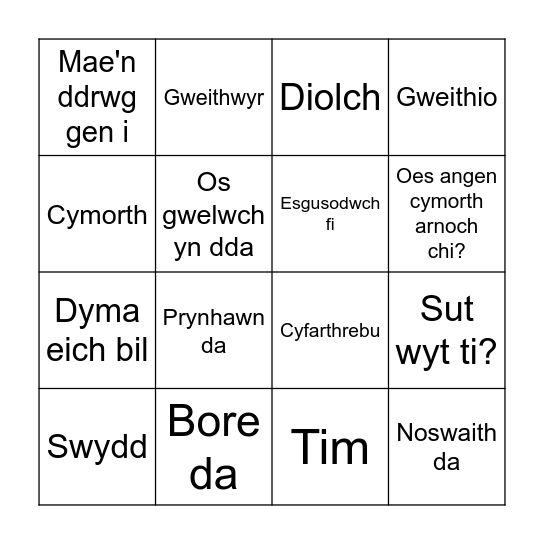 Welsh Workplace Bingo Card
