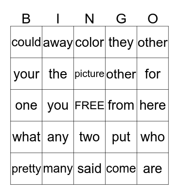 Service Words Bingo Card