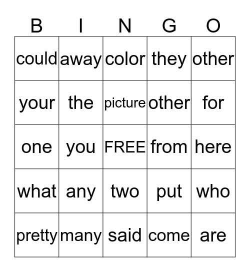 Service Words Bingo Card