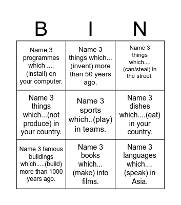 Name 3 things... Bingo Card