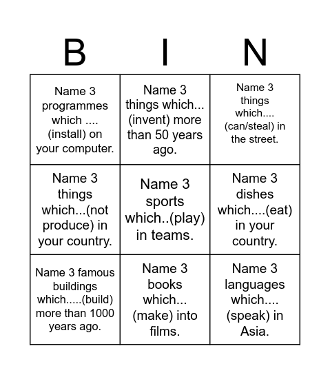 Name 3 things... Bingo Card