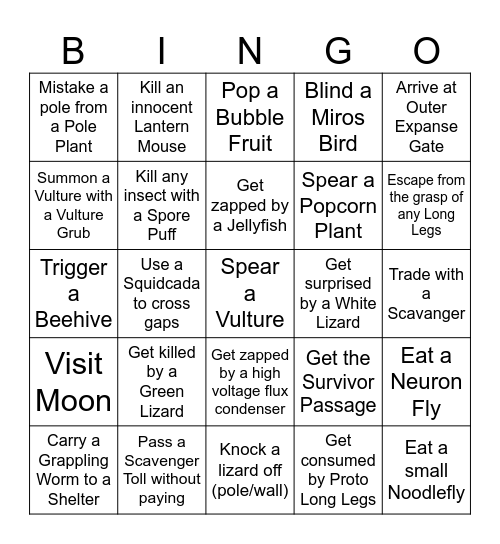 Rain World Blind Playthrough Bingo Card Bingo Card