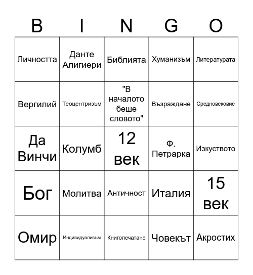 Ренесанс Bingo Card