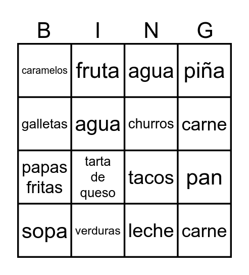 Spanish Food Bingo Card