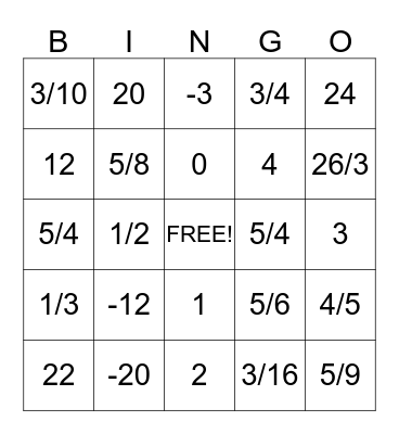 Integer and Fraction Review Bingo Card