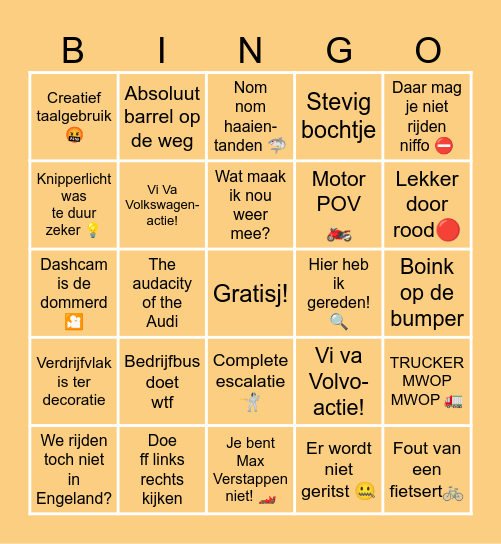 Dashcam Bingo Card