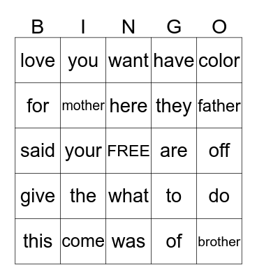Service Words Bingo Card