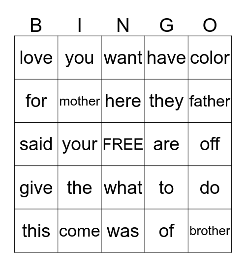 Service Words Bingo Card