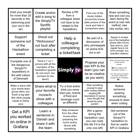 SimplyTV Bingo! Bingo Card