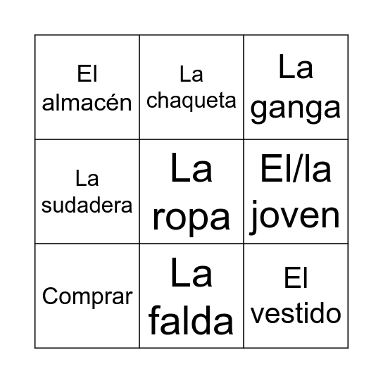 Ropa Bingo Card