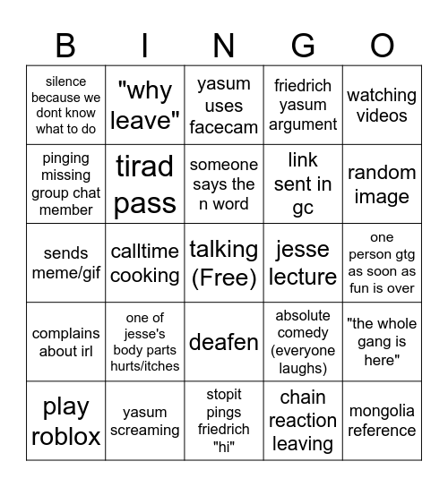 GC call Bingo Card
