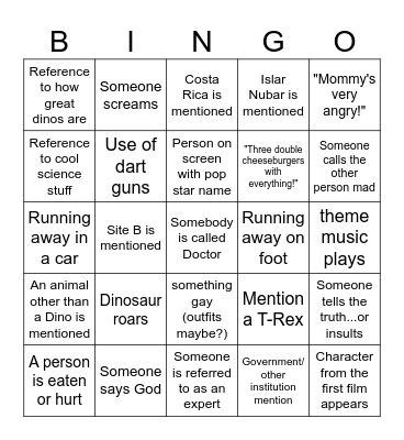 JURASSIC PARK II: THE LOST WORLD Bingo Card