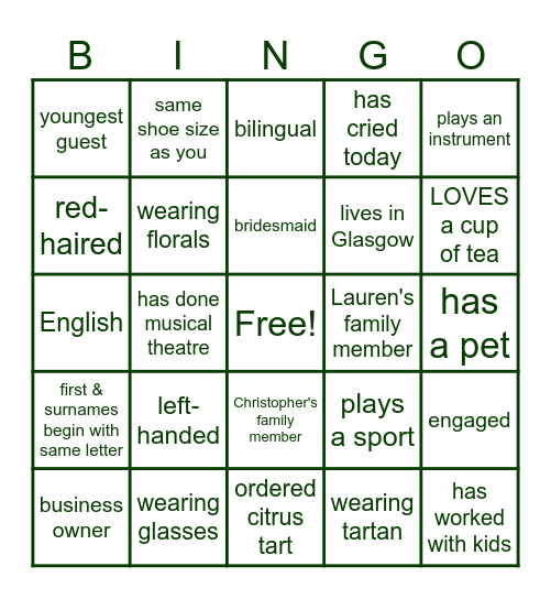 Lauren and Christopher's Wedding Guest Bingo Card