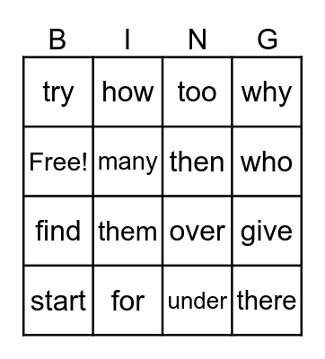 Heart Words Bingo Card